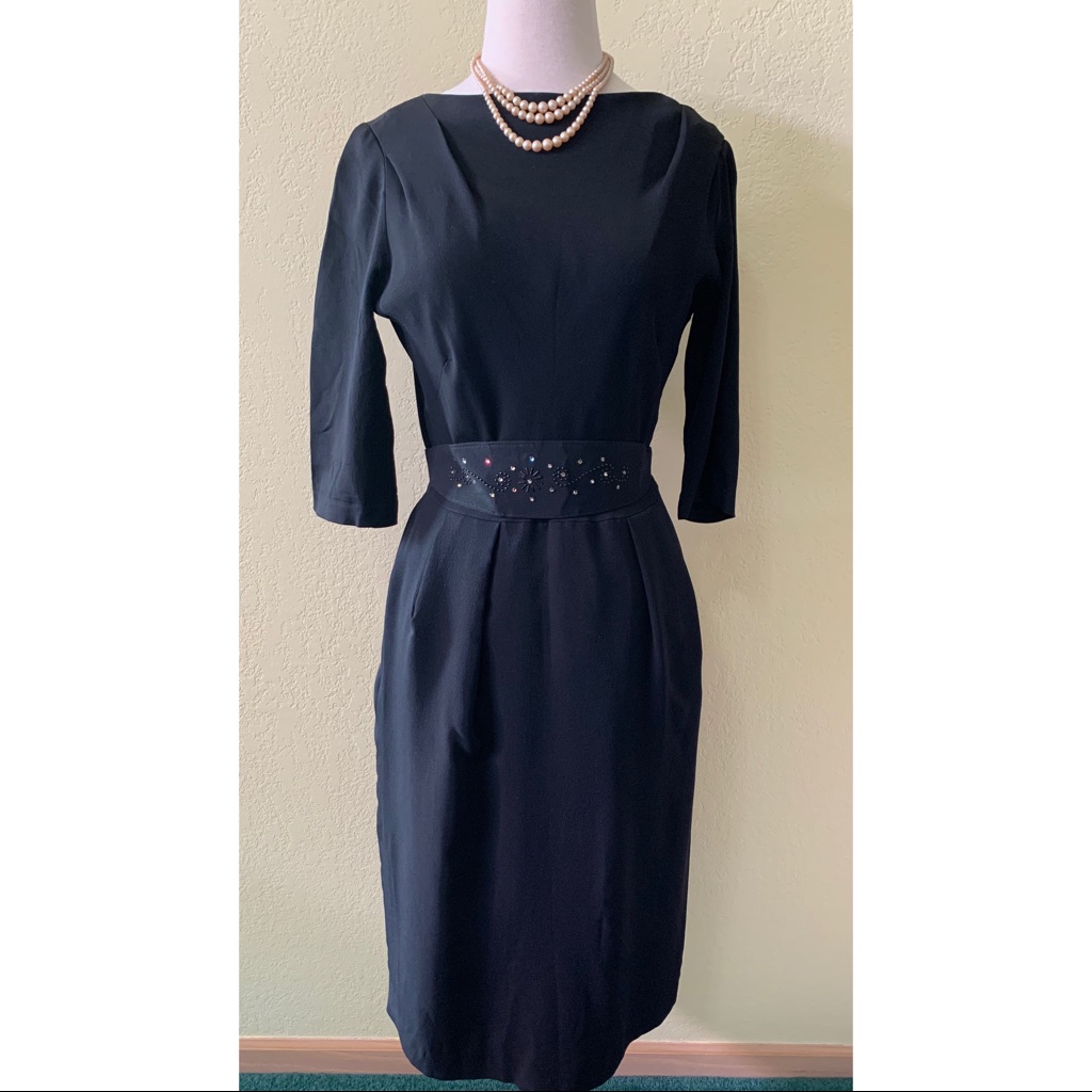 Spector & Shanler Vtg 1950s Black Belted Cocktail Dress
